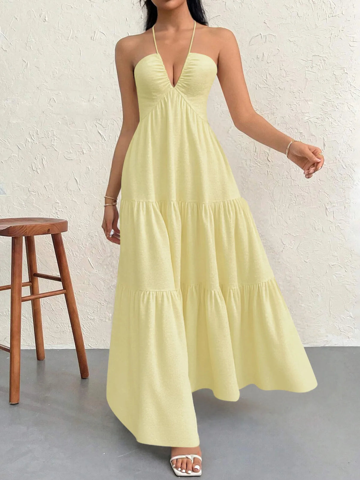 Halter Neck Tiered Maxi Dress with Bow in Yellow