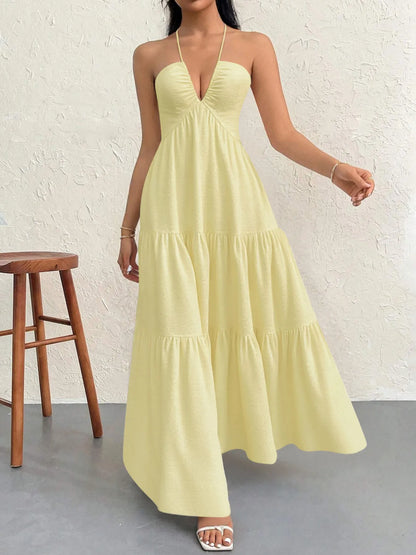 Halter Neck Tiered Maxi Dress with Bow in Yellow