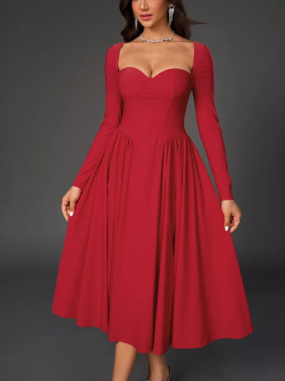 Sweetheart Neckline Long Sleeve A-Line Midi Dress – photo 3