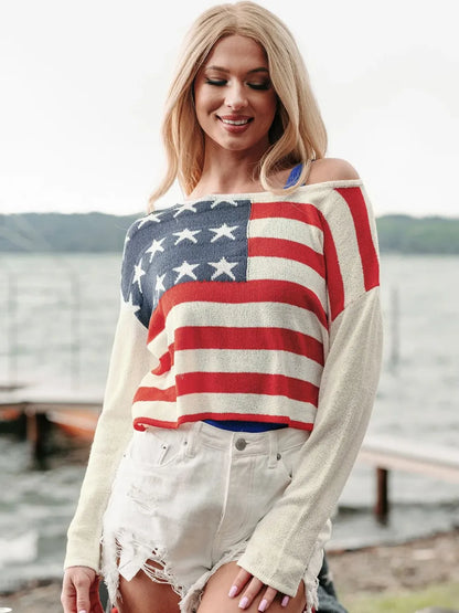 US Flag Boat Neck Long Sleeve Knit Top — Livostyle