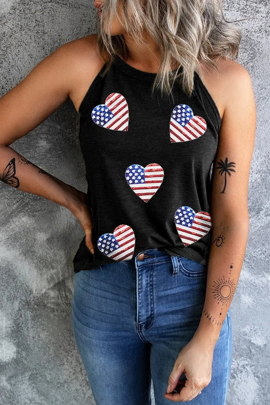 Heart US Flag Sequin Round Neck Tank Top