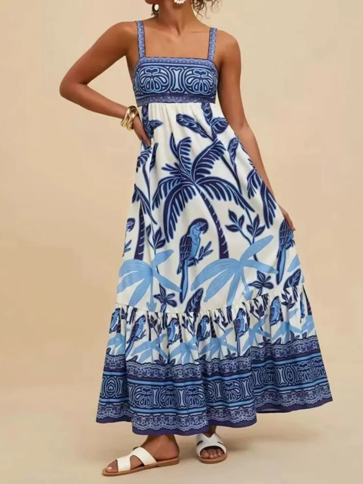 Tropical Print Maxi Cami Dress in Dusty Blue