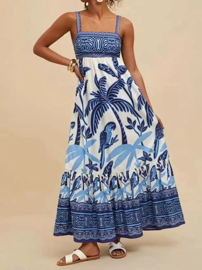 Tropical Print Maxi Cami Dress in Dusty Blue