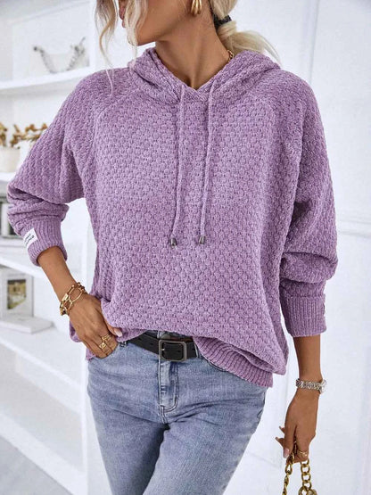 Texture Drawstring Long Sleeve Hooded Sweater — Livostyle