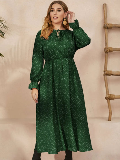 Ruffled Polka Dot Long Sleeve Midi Dress – Plus Size in Dark Green