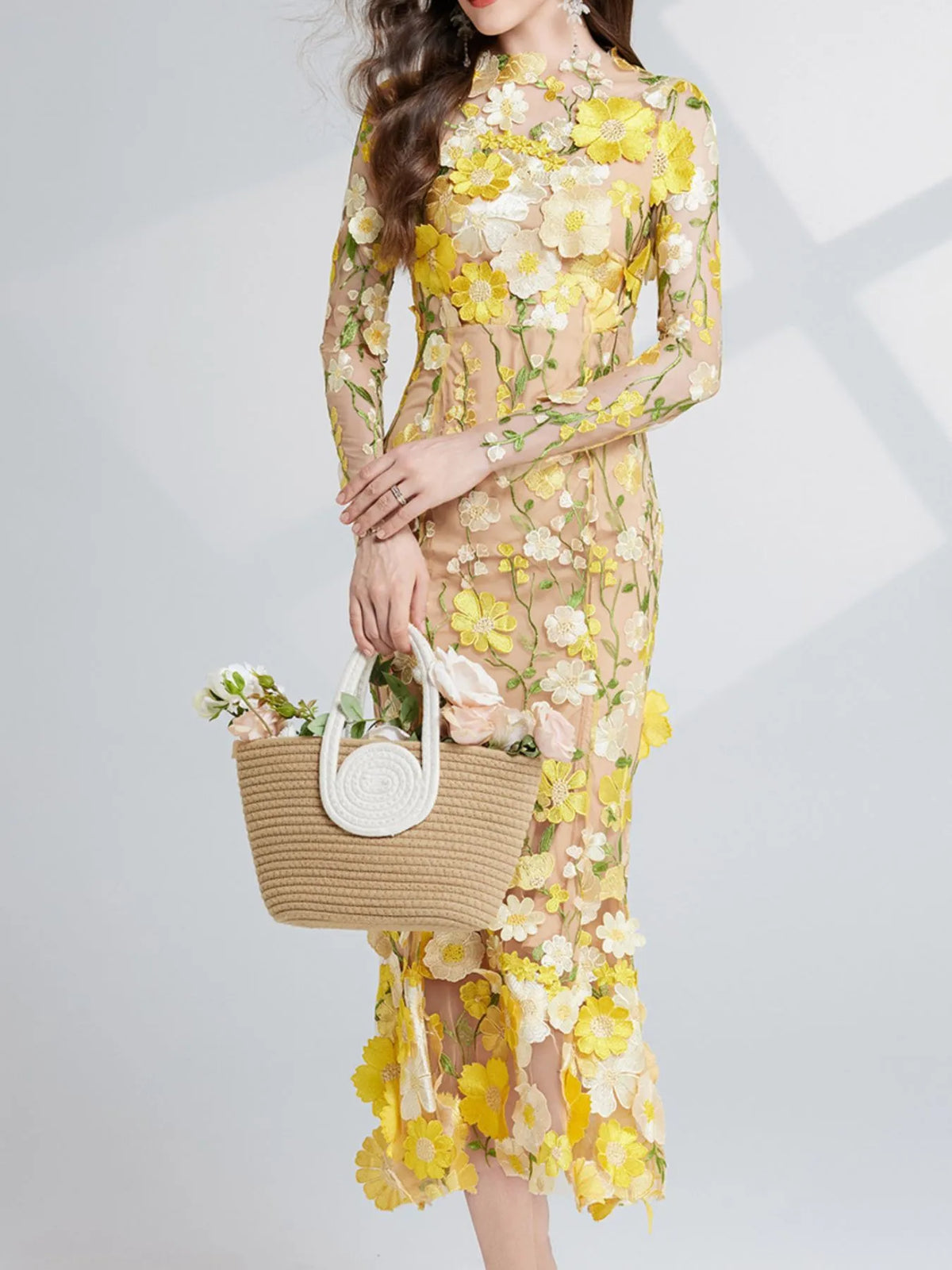 Floral Embroidered Mesh Long Sleeve Tiered Midi Dress in Yellow