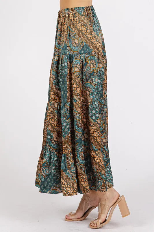 Paisley Patchwork Print Satin Maxi Skirt
