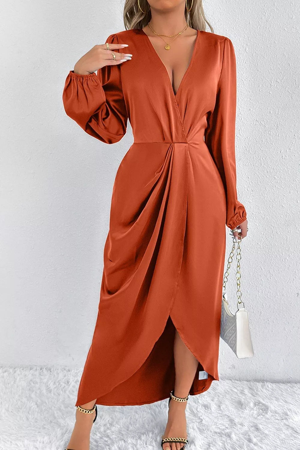Satin Balloon Sleeve Midi Dress with Slit – photo 13