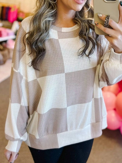 Checkered Breathable Textured Long Sleeve Top detail — Livostyle