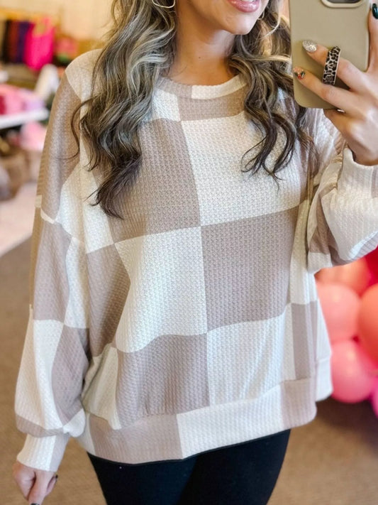 Checkered Breathable Textured Long Sleeve Top detail — Livostyle