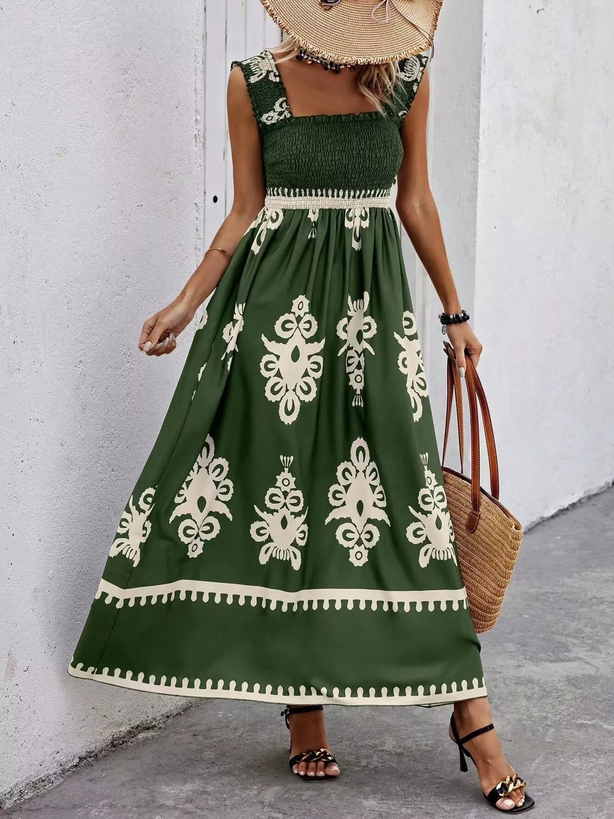 Smocked Printed Square Neck Ruffle Maxi Dress – photo 18