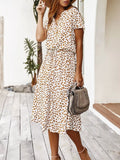 Animal Print Drawstring Waist Midi Dress in Beige