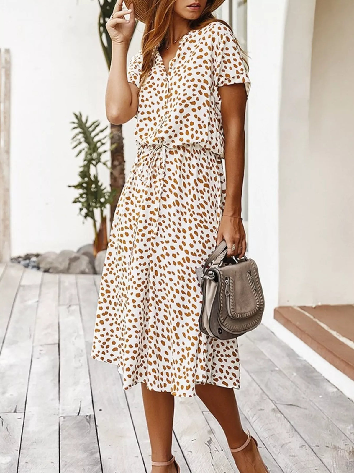 Animal Print Drawstring Waist Midi Dress in Beige