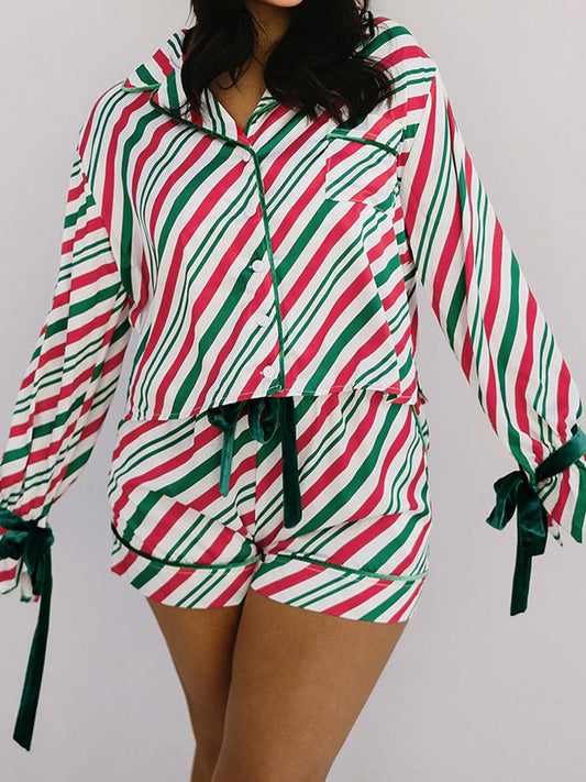 Stripe Contrast Velvet Ribbon Knot Christmas 2pcs Pajama Set — Livostyle
