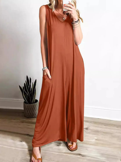 Sleeveless V-Neck Jumpsuit with Pockets in Ochre