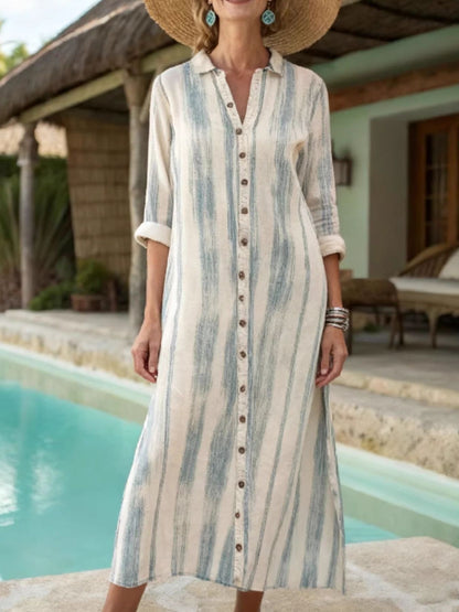 Striped Button-Down Midi Dress with Pockets in Beige