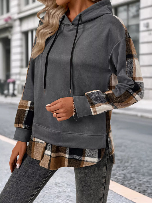 Plaid Drawstring Long Sleeve Hoodie detail — Livostyle