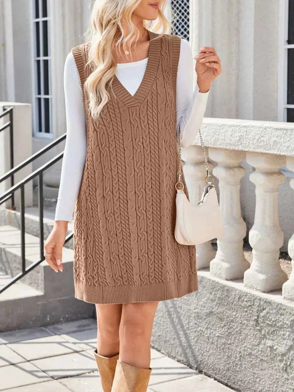 Lovelet Cable Knit V-Neck Mini Sweater Overall Dress