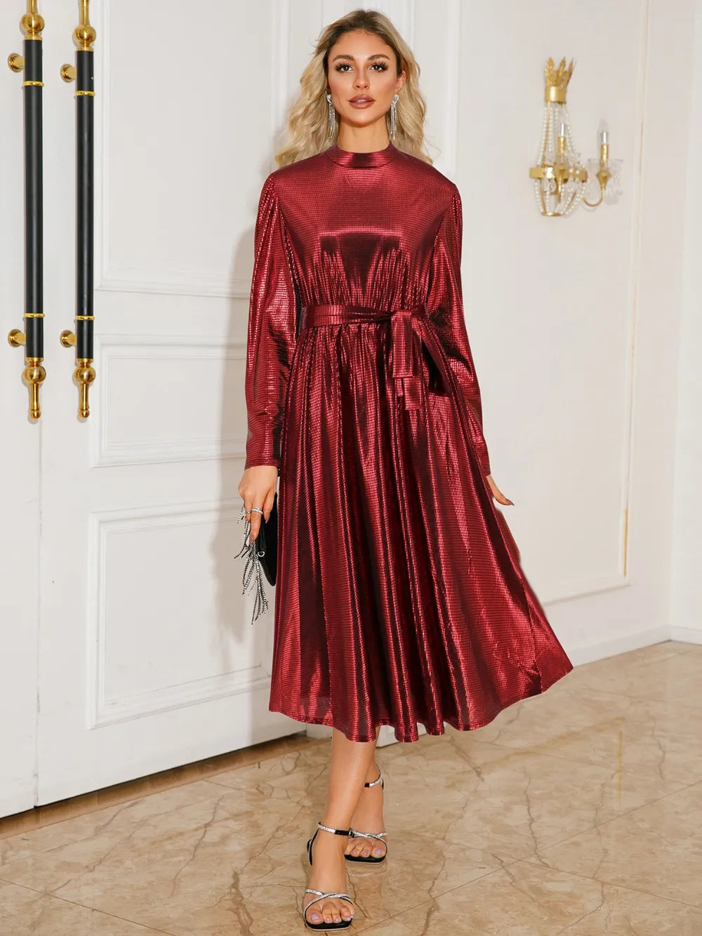 Tie Waist Long Sleeve Midi Dress in Burgundy
