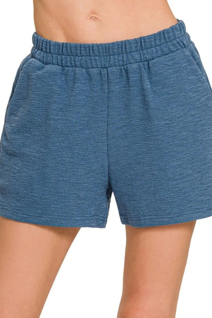 Cotton Slub Shorts with Adjustable Drawstring Waist in Dusty Blue