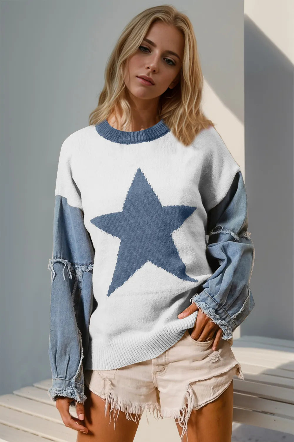 Double Take Full Size Star Pattern Raw Edge Long Sleeve Sweater back view — Livostyle