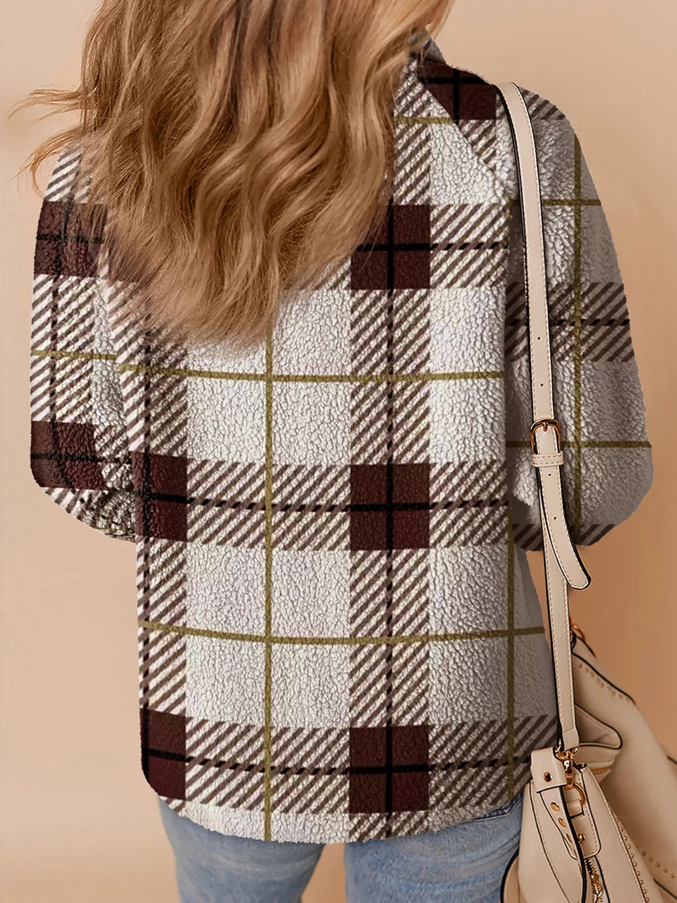 Plaid Buttoned Stand Collar Fleece Jacket detail — Livostyle