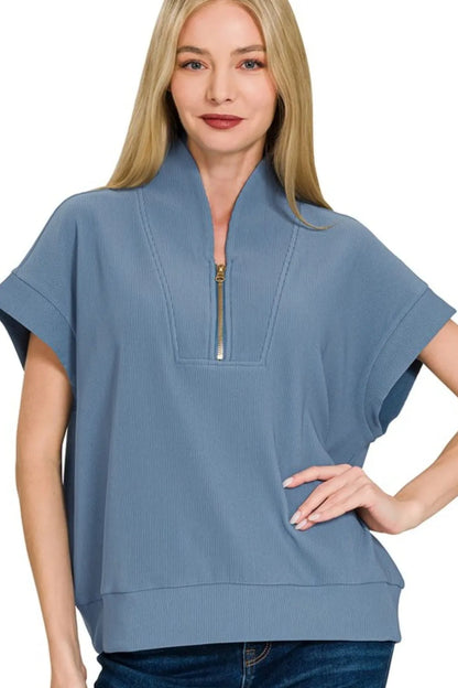 Ribbed High Neck Half Zip Top — Livostyle