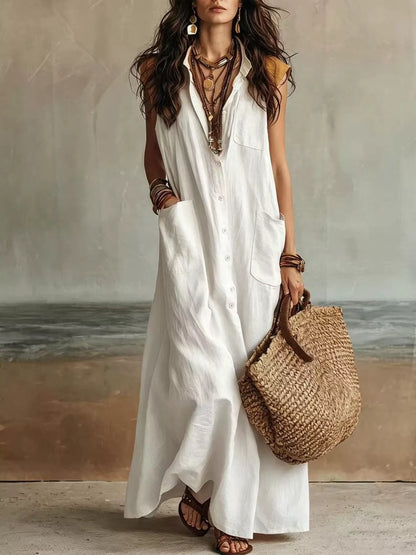 Sleeveless Button-Down Maxi Dress with Pockets in White