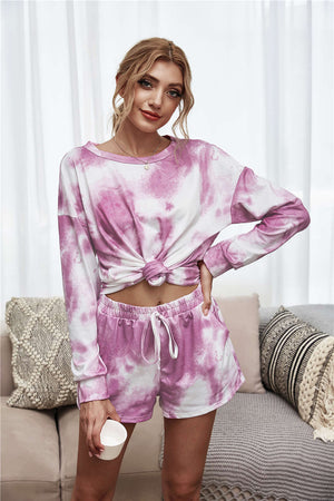 Tie-Dye Dropped Shoulder Top and Shorts Lounge Set in Red-Violet