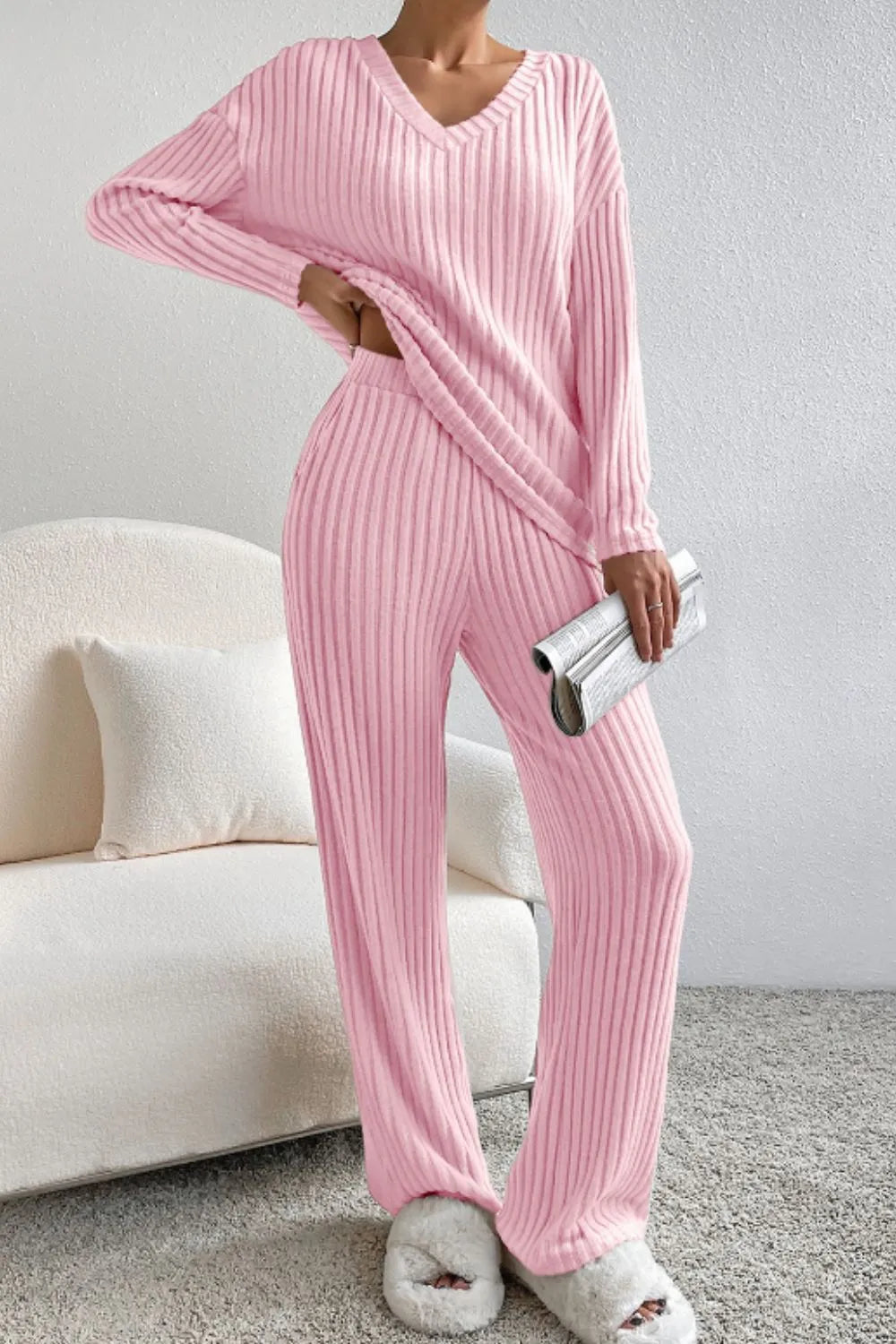 Ribbed V-Neck Top and Pants Lounge Set — Livostyle