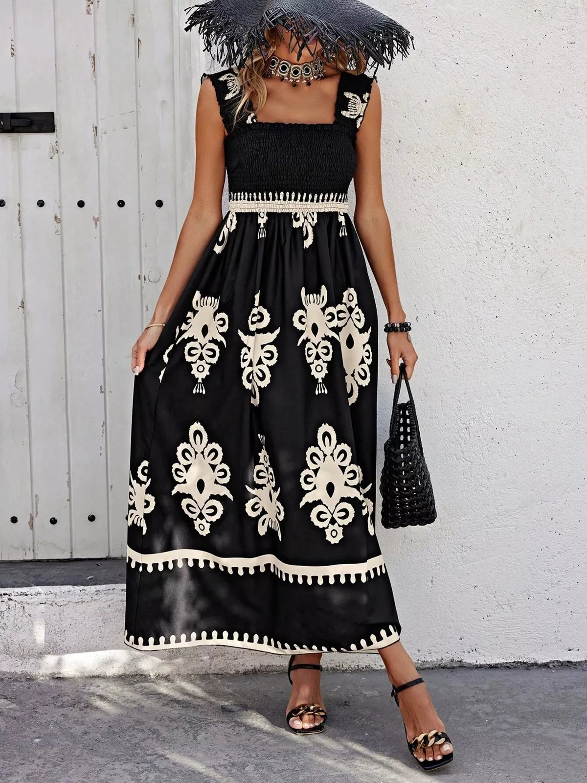 Smocked Printed Square Neck Ruffle Maxi Dress – photo 10