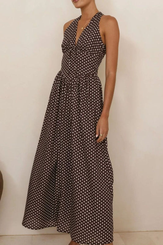 Backless Polka Dot Halter Neck Maxi Dress