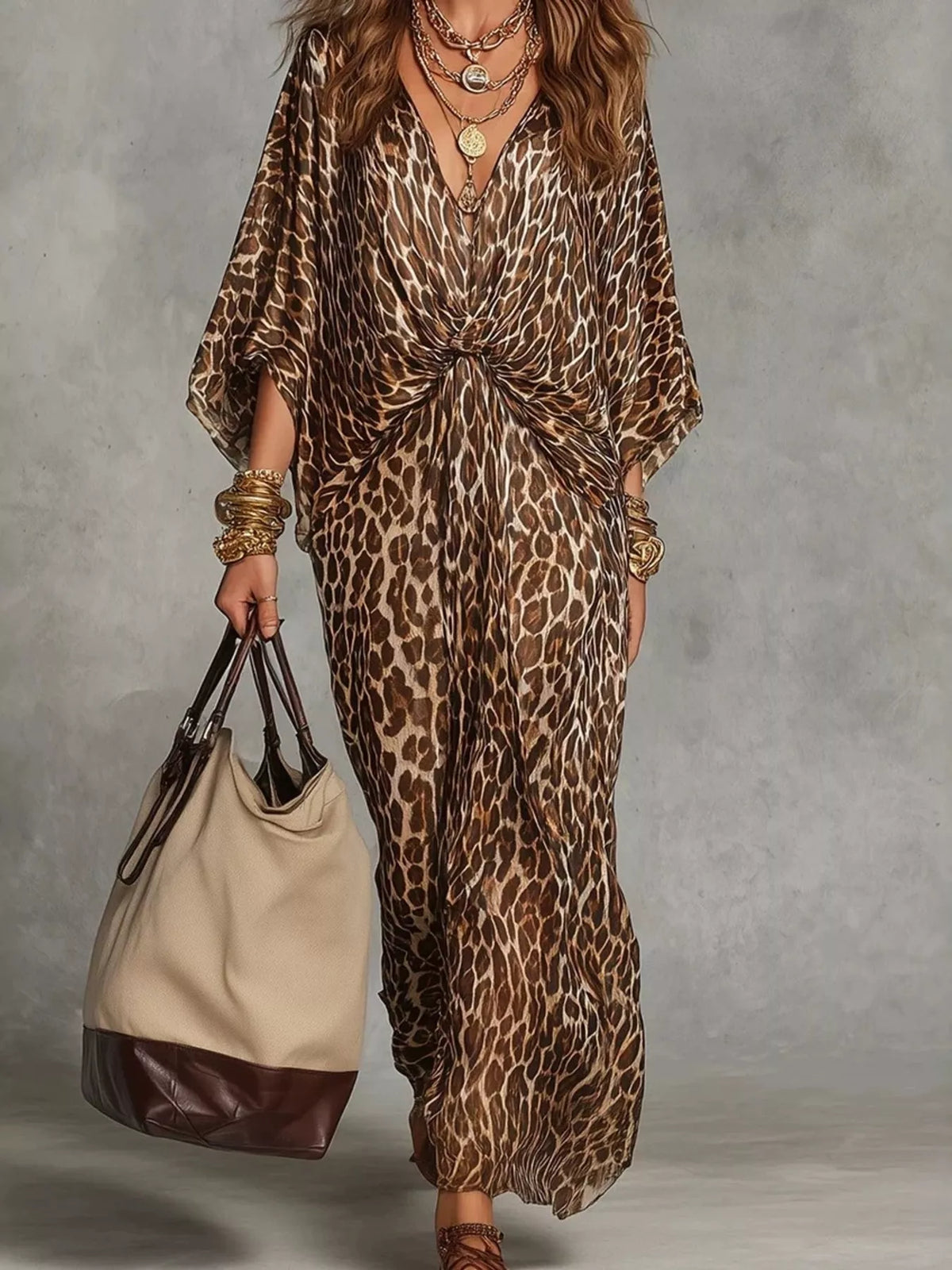 Leopard Print V-Neck Maxi Dress with Twist Detail – photo 2