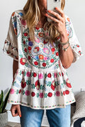 Floral Print Round Neck Ruffle Trim Blouse — Livostyle