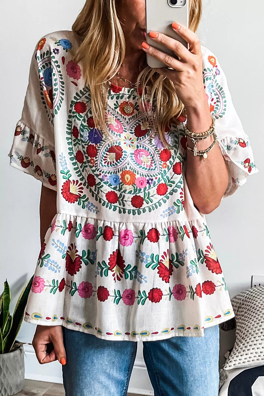 Floral Print Round Neck Ruffle Trim Blouse — Livostyle