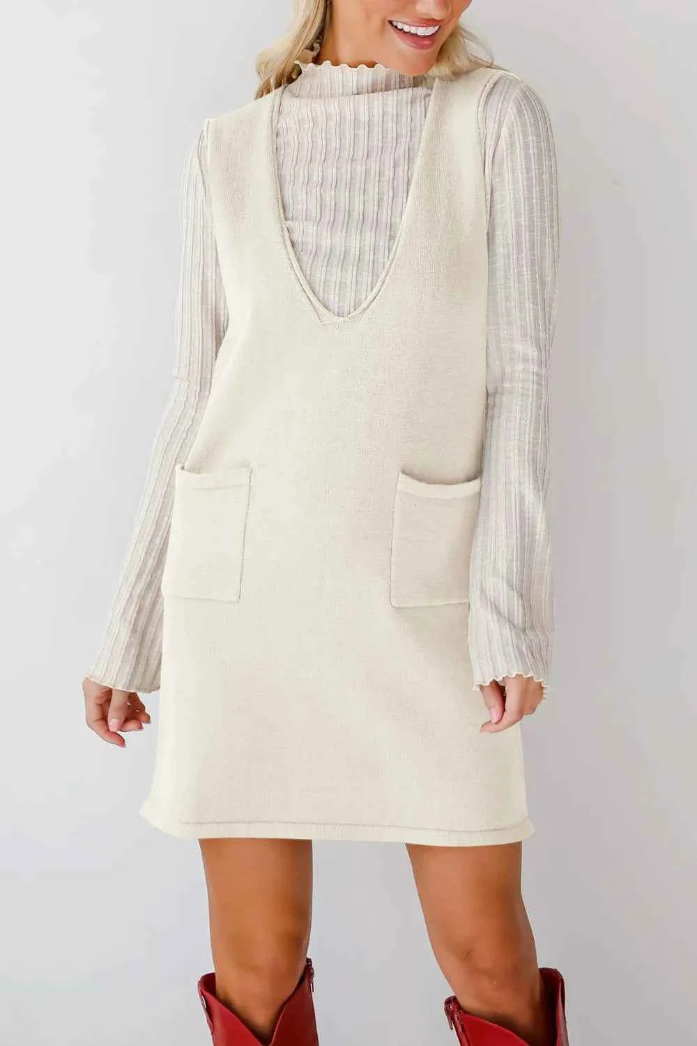 Lovelet Pocketed V-Neck Mini Sweater Overall Dress