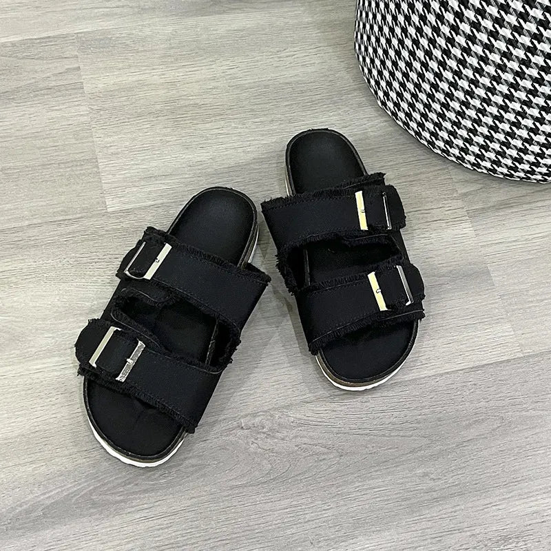 Raw Hem Open Toe Double Buckle Sandals styling — Livostyle