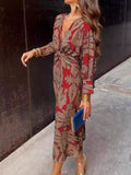 Printed V-Neck Long Sleeve Twisted Midi Dress – Plus Size in Wine Red