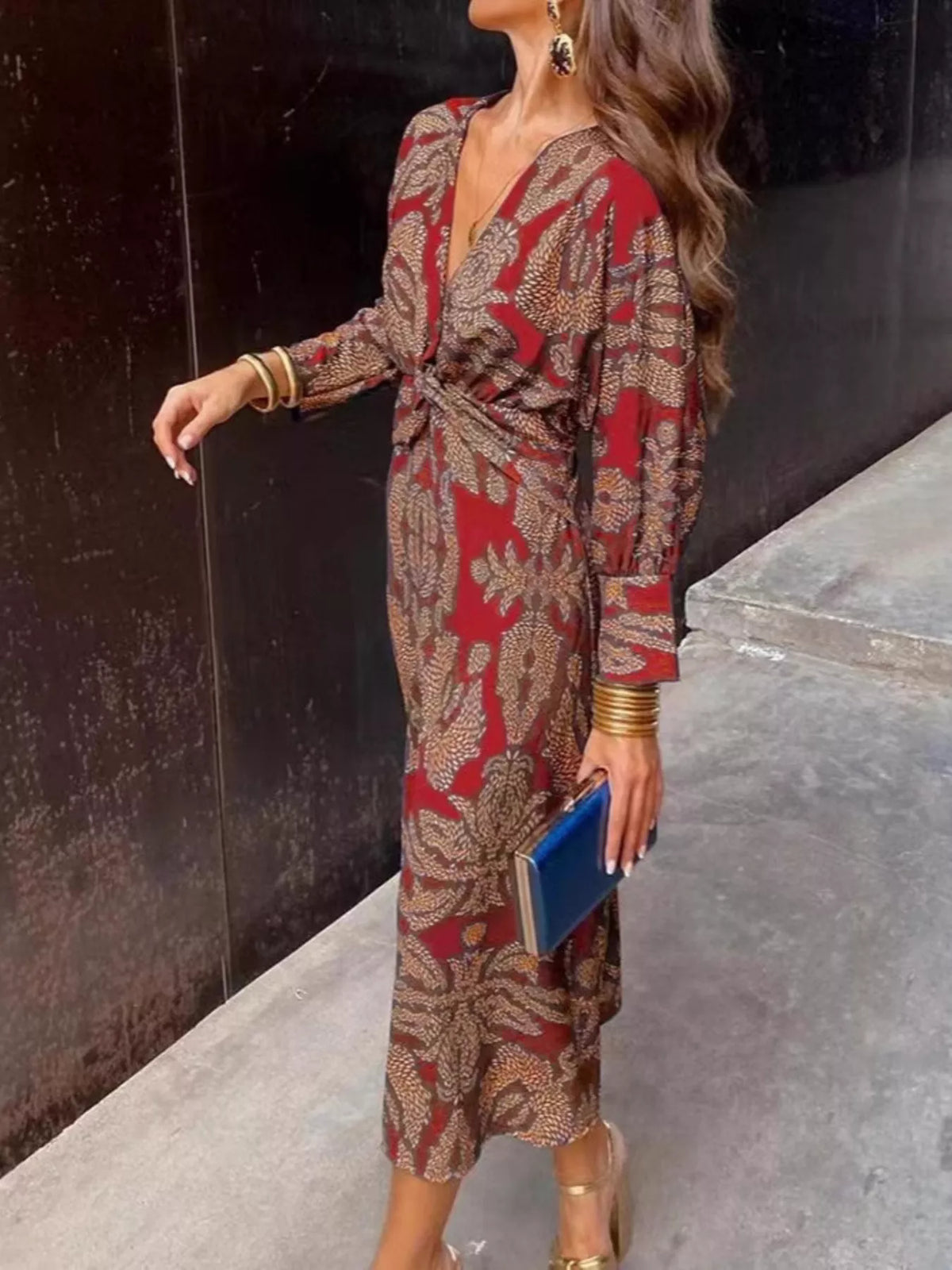 Printed V-Neck Long Sleeve Twisted Midi Dress – Plus Size in Wine Red