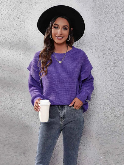 Ruffled Round Neck Dropped Shoulder Sweater — Livostyle