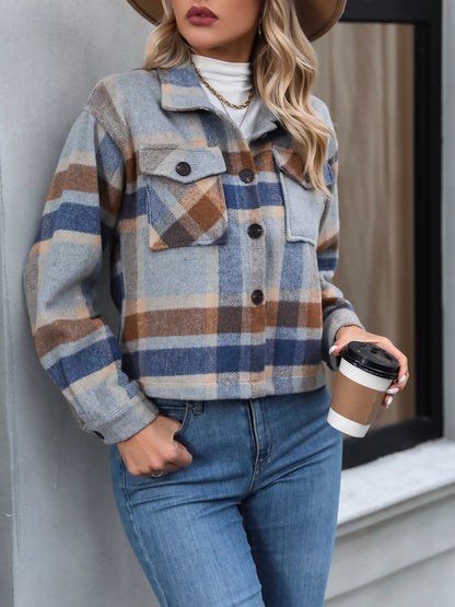 Plaid Oversized Button-Up Cropped Jacket closeup — Livostyle