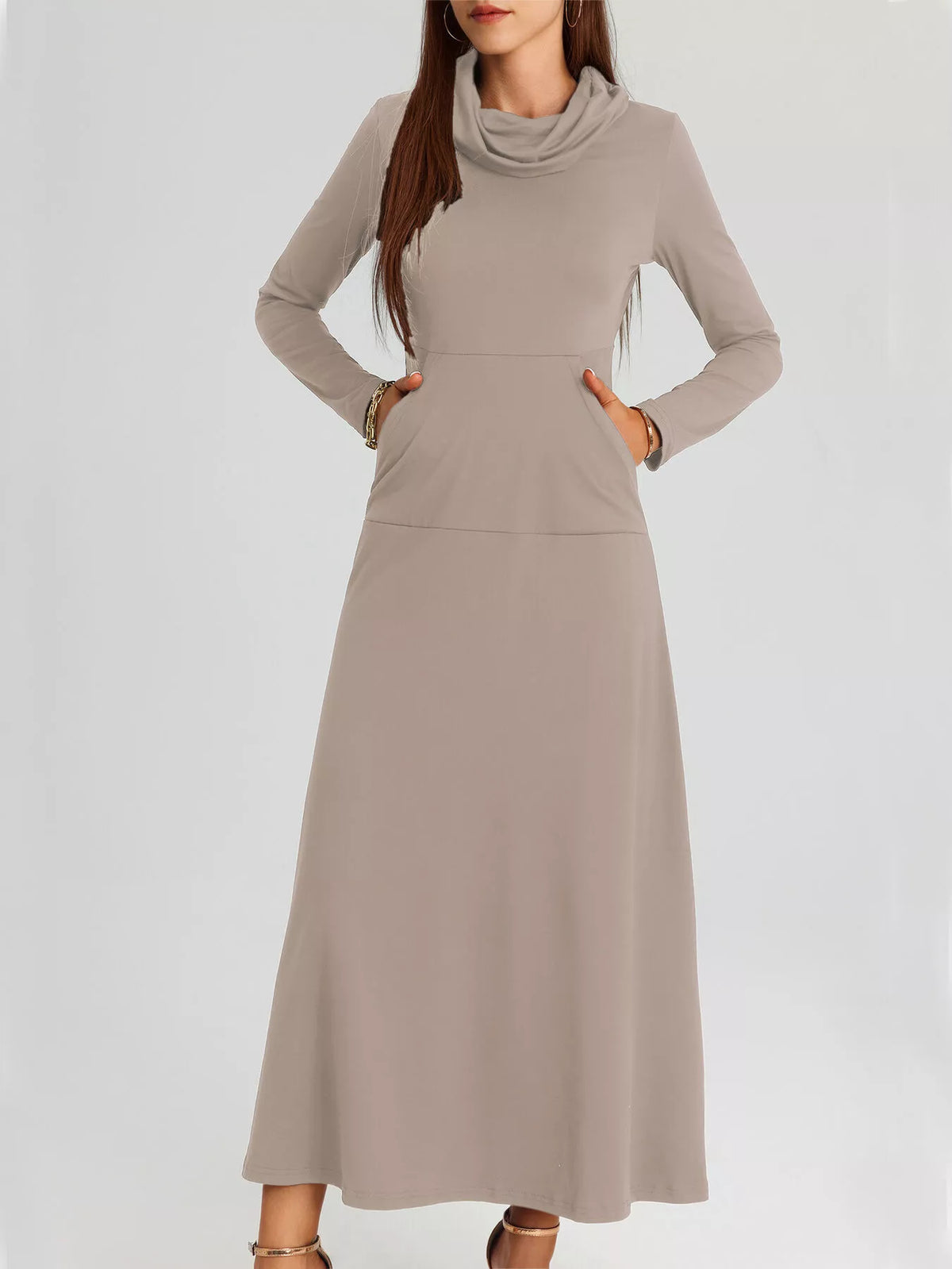Cowl Neck Long Sleeve Midi Dress with Pockets in Dust Storm