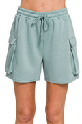 Scuba Thigh Pocket Shorts with Drawstring Waist in Blue Grey