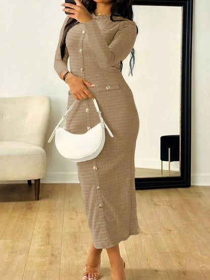 Textured Long Sleeve Midi Dress with Buttons – photo 8