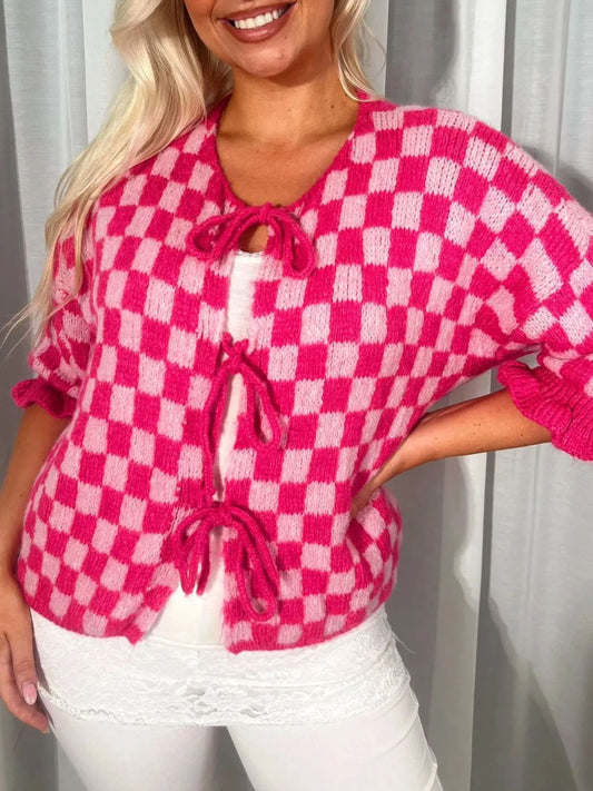 Checkered Tie-Front Knit Cardigan — Livostyle