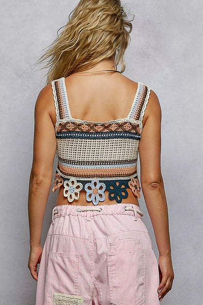 Cutout Flower Cropped Crochet Cami with with Dangle Detail back view — Livostyle