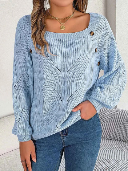 Openwork Buttoned Square Neck Sweater — Livostyle