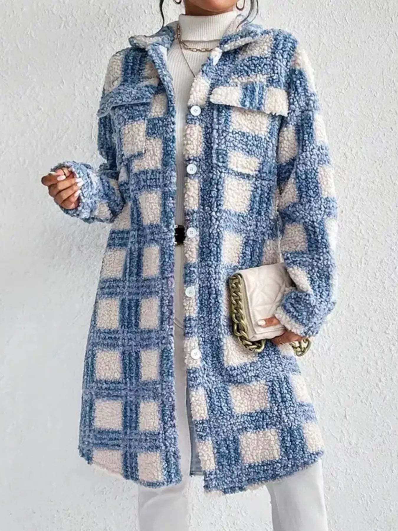 Plaid Button Up Long Sleeve Fleece Coat back view — Livostyle