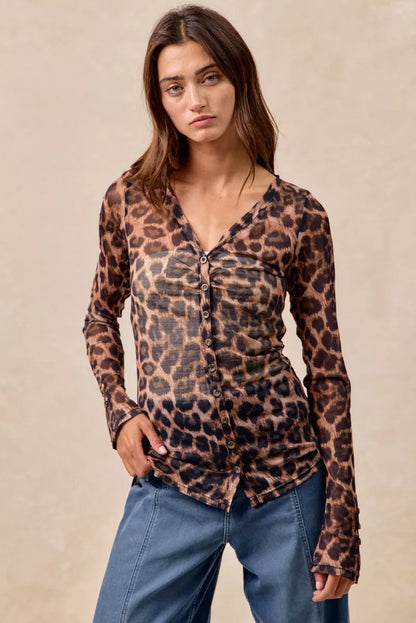 Leopard Printed Mesh Shirt With Button Up V Neck – photo 7