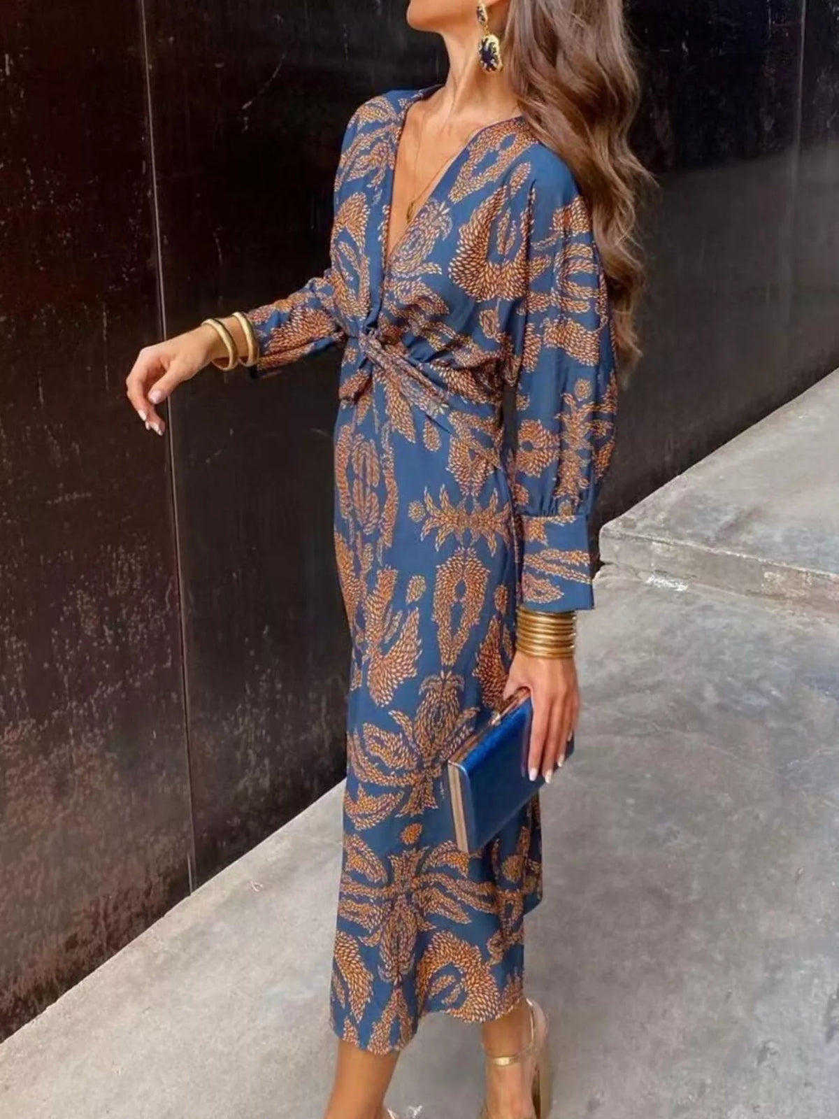 Printed V-Neck Long Sleeve Twisted Midi Dress – Plus Size in Dark Blue